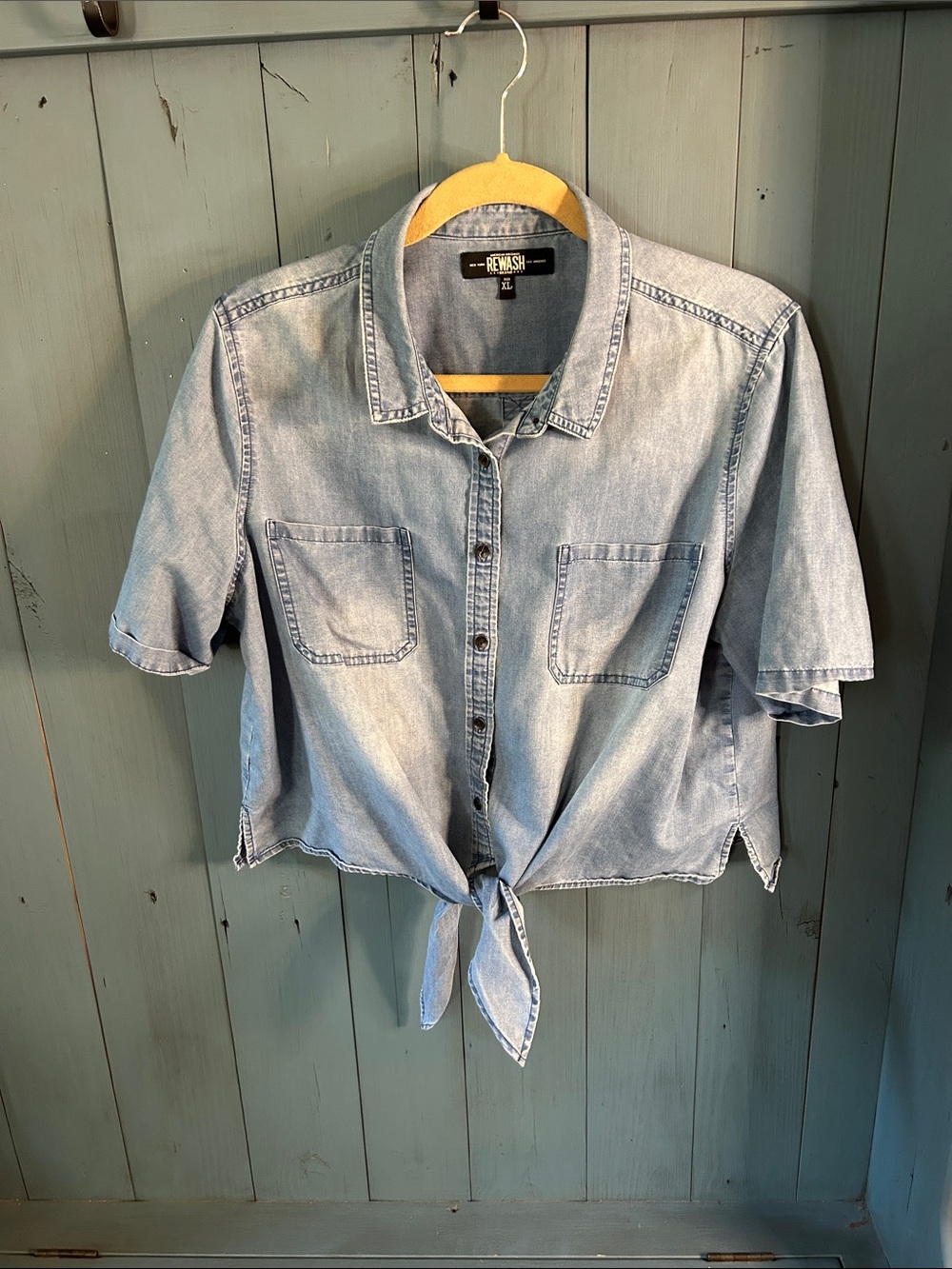 Rewash American Original Light Blue Denim Tie-Front Button Down S/L Shirt, XL